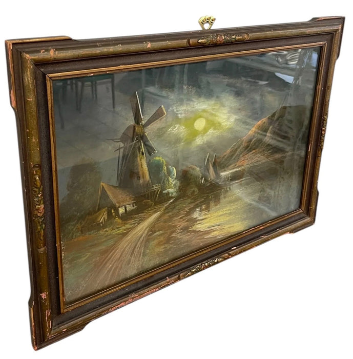 Vintage Framed Moonlit Windmill Landscape Painting with Coastal Harbor Scene