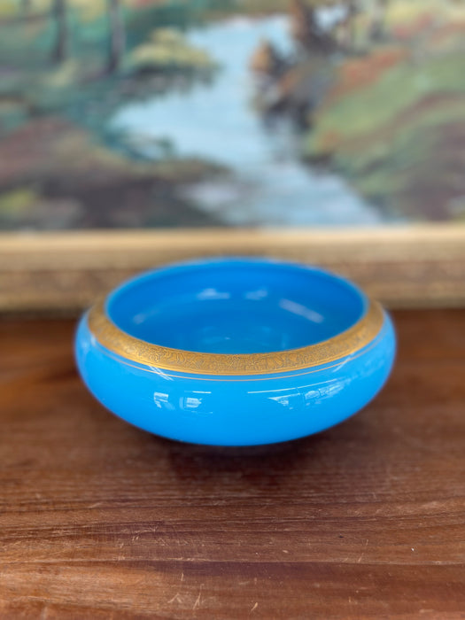 Likely Antique 19th Century French Blue Opaline Glass Bowl with Intricate Gilded Fruit and Vine Border