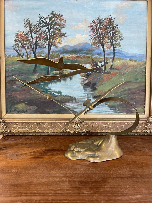 Vintage Mid-Century Modern Brass Toned Seagull Sculpture on Rocky Base