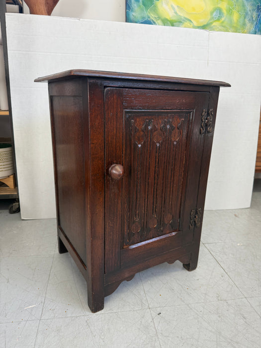 Vintage UK Imported Accent Table or Side Cabinet with Welsh Influences Carved Possibly Oak Door with Drop Hinges Dark Stained Wood