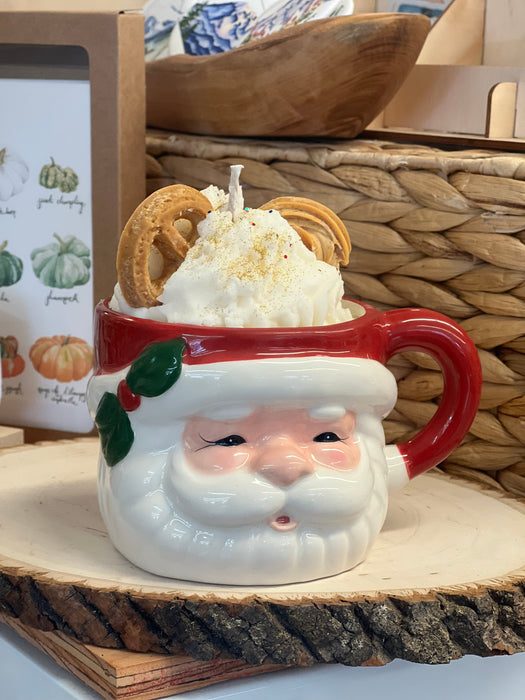 Jolly Ol' Handpainted Ceramic Santa Mug with  Festive Hand Crafted Vanilla Scented Soy Candle Representing Whipped Cream and Pretzels