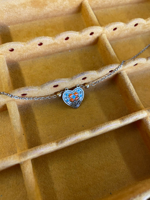 Vintage Heart-Shaped Choker with Enamel Floral Motif on Mixed-Metal Chain