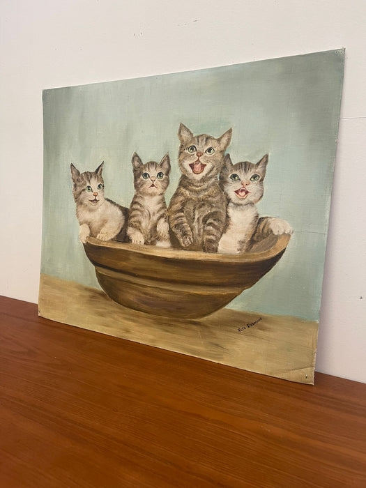 Vintage Signed Original Painting of Kittens in a Basket