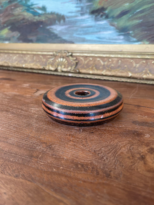 Signed Hank Greer Studio Pottery Donut Vase with Brown and Black Oxide Rings