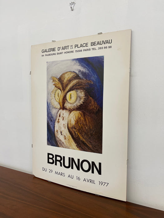 Vintage 1977 Brunon Exhibition Poster Paris Galerie d'Art de la Place Beauvau Owl Artwork