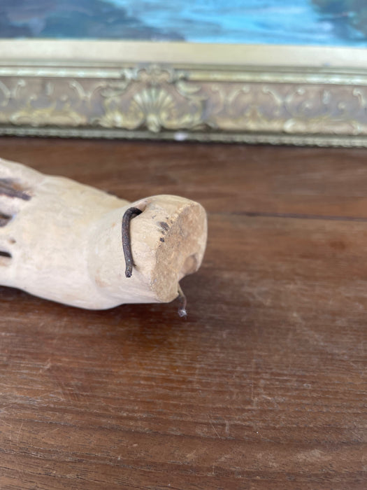 Antique Carved Wooden Articulated Hand Fragment with Original Hook, Likely Religious or Folk Art, 19th Century