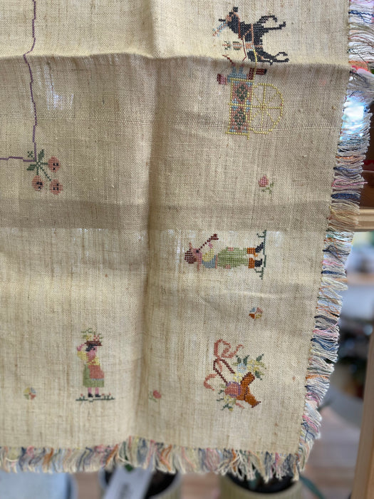Vintage Hand-Embroidered Linen Tablecloth with Figural Motif and Fringe Border