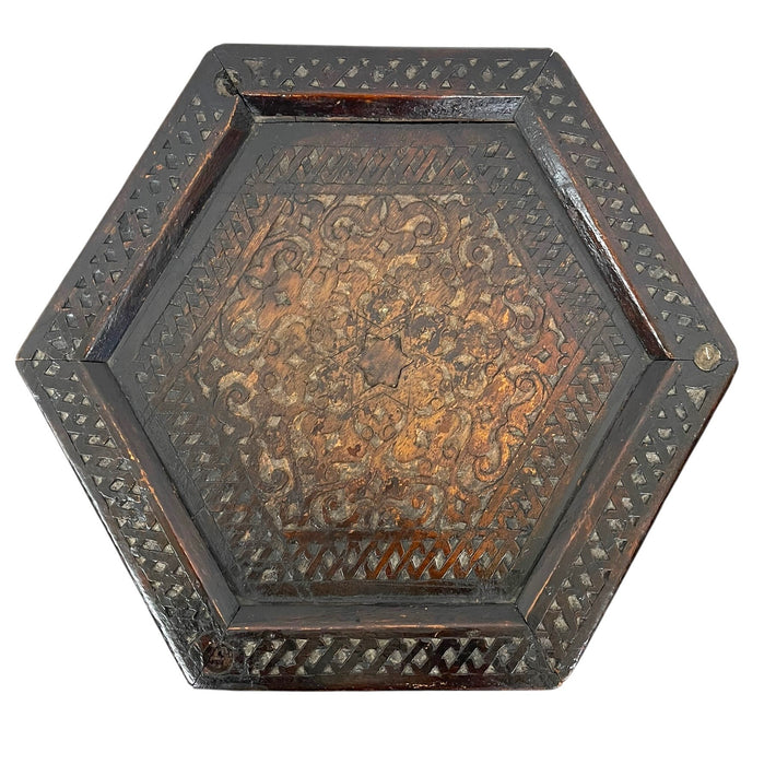 Vintage Hand-Carved Wooden Hexagonal Side Table with Calligraphy and Inlay