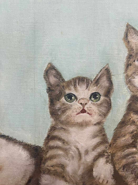 Vintage Signed Original Painting of Kittens in a Basket