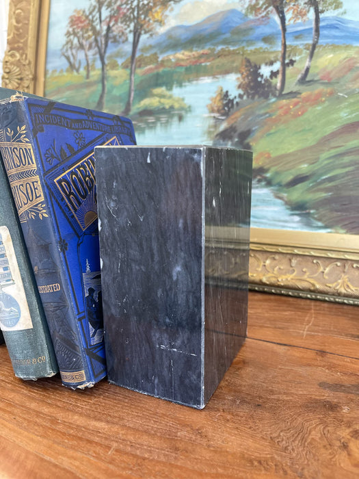 Vintage Black Likely Marble Bookends - Solid Rectangular Pair with White Veining, Mid-20th Century
