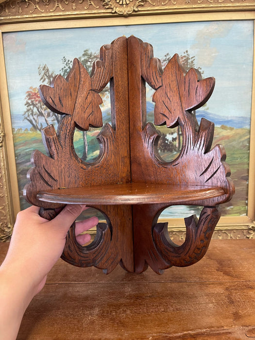 Vintage Ornate Hand Carved Wooden Corner Hanging Shelf With Leaf Motif.