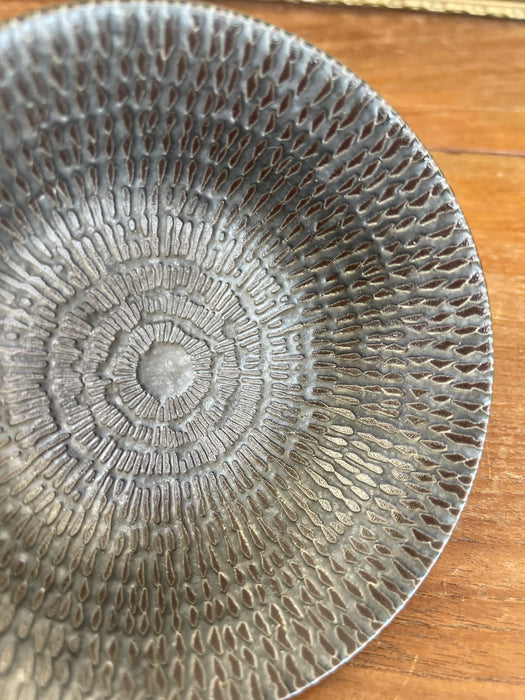 Textured Studio Pottery Bowl in Dark Iron-Glaze Finish with Radiating Pattern