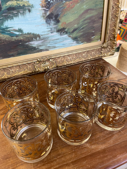 Mid-Century Georges Briard Lowball Glasses - Set of 6 Gold-toned Scroll Double Old Fashioned Tumblers