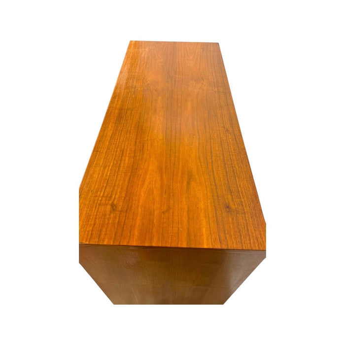 Vintage Mid-Century Modern Walnut 4-Piece Bedroom Set With Diamond Parquet Accent Inlay– Highboy, Long Dresser, & End Table Set