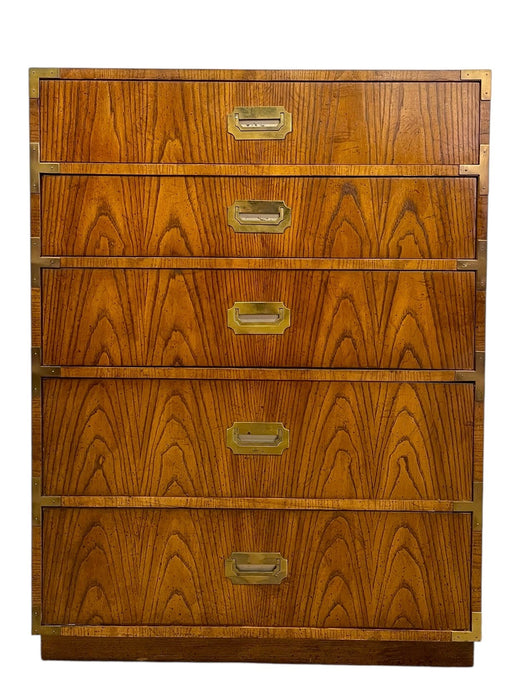 Vintage Campaign Style Five Drawer Dresser by Dixie with Brass-Toned Hardware and Dovetailed Drawers