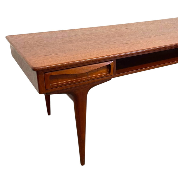 Vintage Mid Century Modern Danish Style Coffee Table with Sculpted Drawer Pulls and Open Shelf Storage