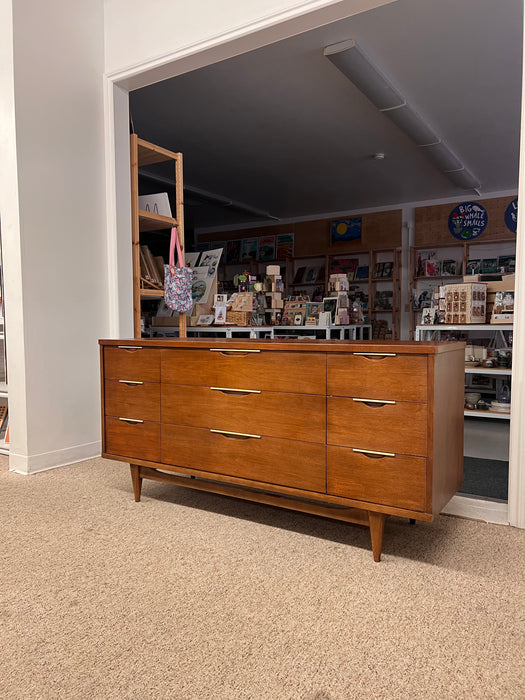 Vintage Mid Century Modern Solid Walnut 9 Drawer Dresser and a 5 Drawer Chest Set by Kent Coffey.