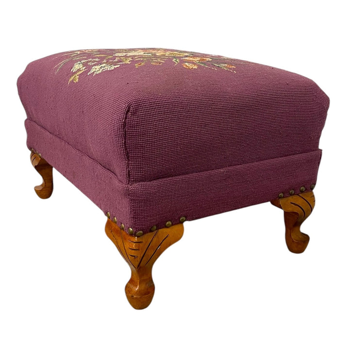 Vintage Upholstered Footstool Ottoman with Floral Needlepoint and Carved Wood Legs