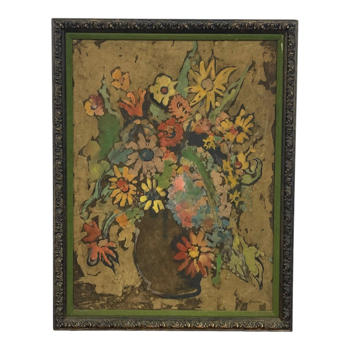 Vintage Signed Floral Still Life Mixed Media Painting on Textured Board in Ornate Frame Possible Batik Print.