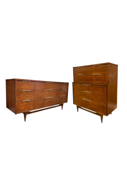 Vintage Mid Century Modern Solid Walnut 9 Drawer Dresser and a 5 Drawer Chest Set by Kent Coffey.