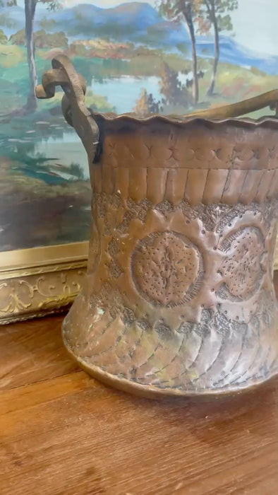 Possibly 19th Century Hand-Hammered Copper and Brass Toned Ash Bucket with Repoussé and Pierced Decoration.