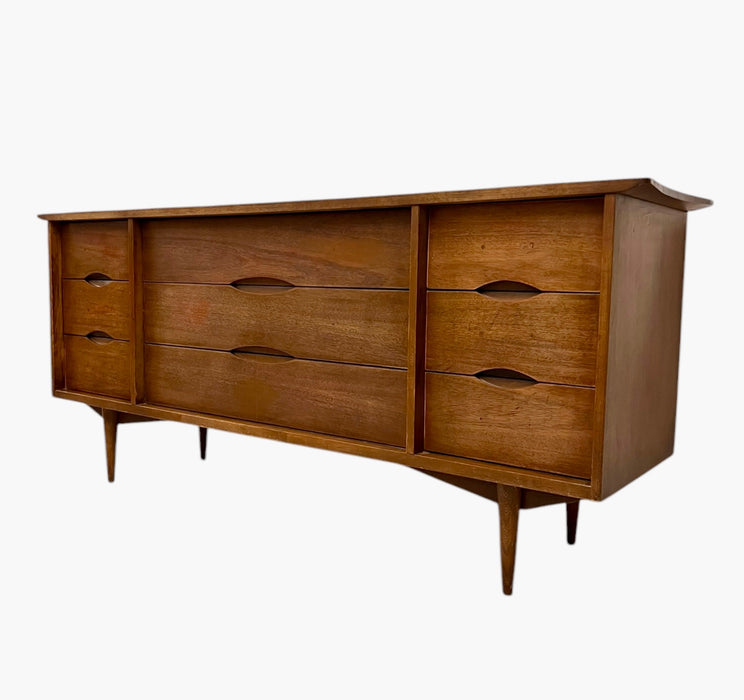 Vintage Mid Century Modern Solid Walnut 9-Drawer Dresser Dovetailed Drawers by Bassett Furniture