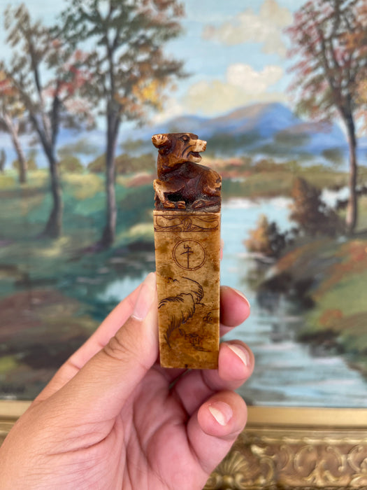 Pair of Hand-Carved Chinese Soapstone Zodiac Seals - Monkey and Ox with Landscape Engravings