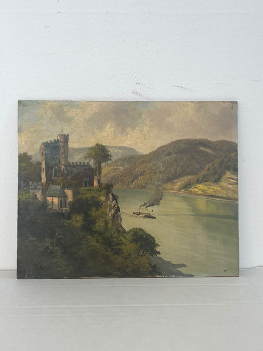 Vintage signed Scenic painting of a castle on the water.