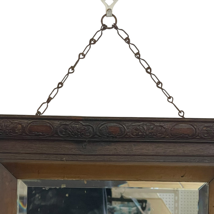 Victorian 1890s UK import Carved Oak Wall Mirror with Beveled Glass and Hanging Chain