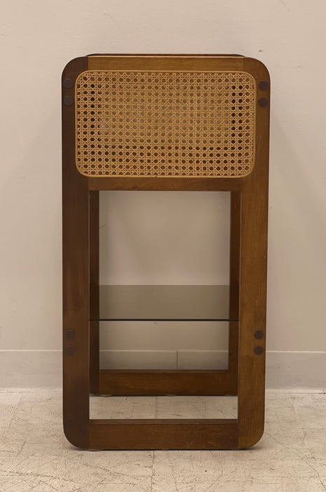 Art Deco walnut side table with Rattan and glass top