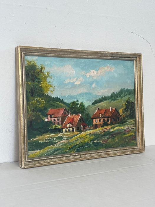 Vintage Mid Century Modern Original painting Valley Houses.