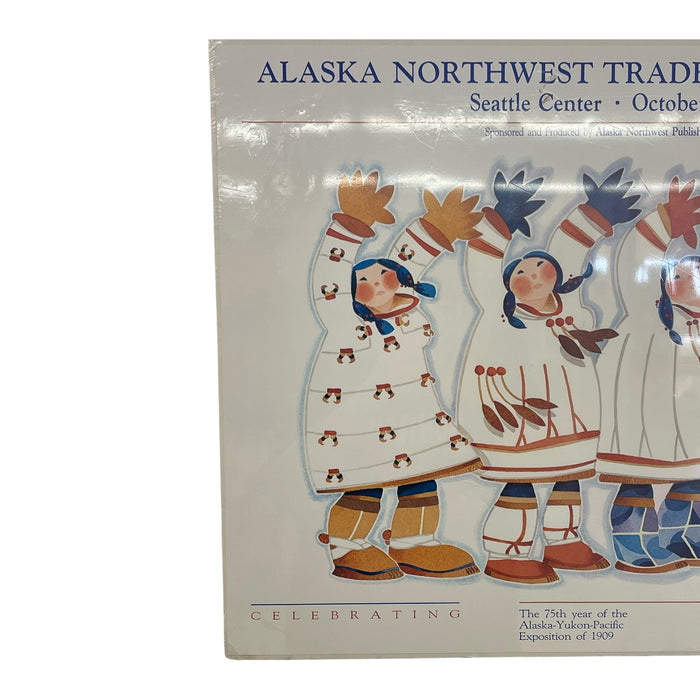1984 Alaska Northwest Trade and Travel Fair Poster by Rie Munoz, Dancers in Sealgut Parkas, Seattle Center