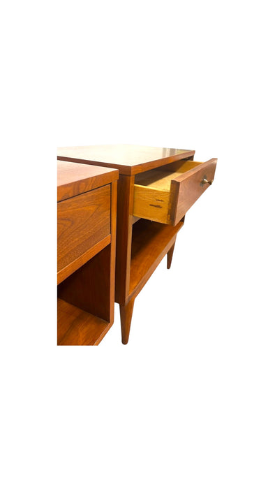 Vintage Mid-Century Modern Walnut 4-Piece Bedroom Set With Diamond Parquet Accent Inlay– Highboy, Long Dresser, & End Table Set