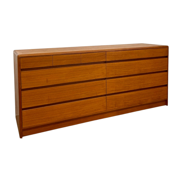 Vintage Mid Century Modern Teak Long Lowboy Double Dresser Credenza.