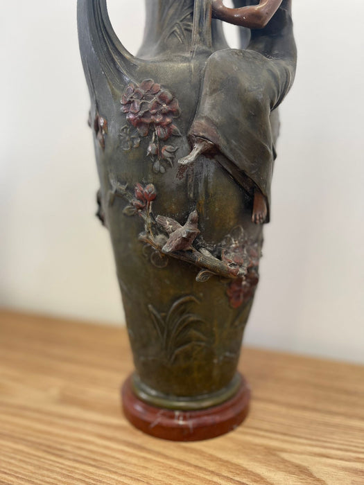 Vintage Art Nouveau Era Vase With Feminine Figurine Sculpture and Floral Motif.