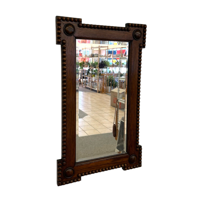 Antique Bobbin Turned Oak Wall Mirror – Arts and Crafts Style Spool Beaded Wood Frame with Beveled Glass