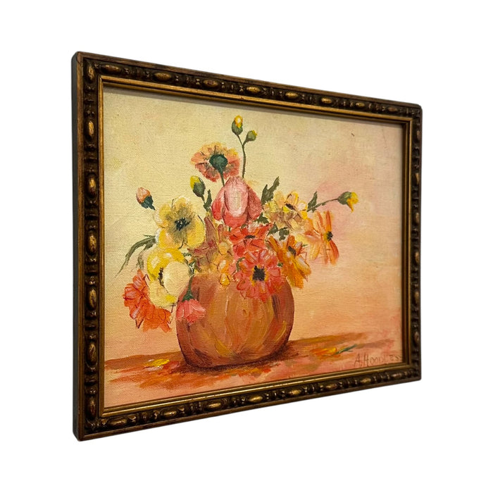 Vintage Floral Still Life Oil Painting – Signed A. Hoodless – Framed Impressionist Flower Art