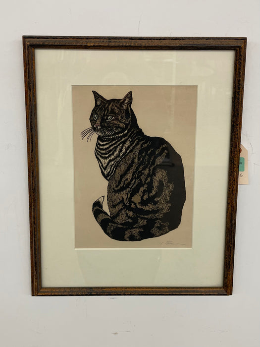 Vintage Framed Woodcut Cat Print Signed by Artist L. Thiemann
