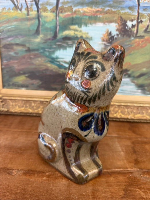 Signed Vintage Mud Century Modern Style Mexican Folk Art Pottery Cat Hand Painted Ceramic Figurine, Studio Clay Cat Decor, Rustic Animal Sculpture