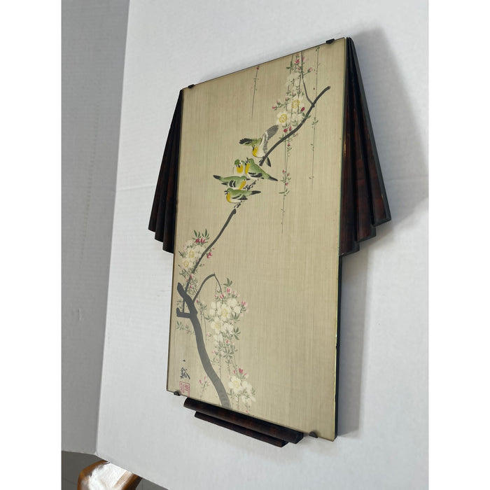 Birds on Branch Scene Silk Painting With Art Deco Frame