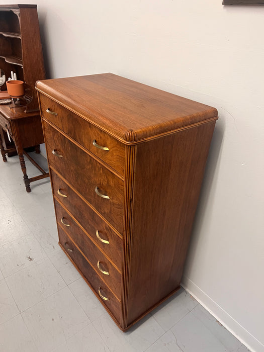 Vintage Art Deco Retro Figured walnut Burl wood Dresser With Fold out Writing Desk with Original Handles Brass Finished