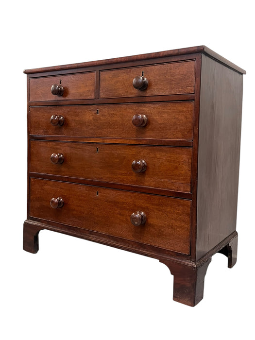 Antique 5-Drawer Georgian Chest Dresser Mahogany Solid Turned Wood Handles, Mid-Late 19th Century, UK Import