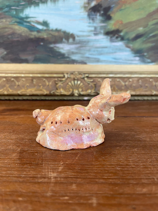 Whimsical Hand-Built Ceramic Creature Sculpture with Long Ears and Textured Colorful Glaze