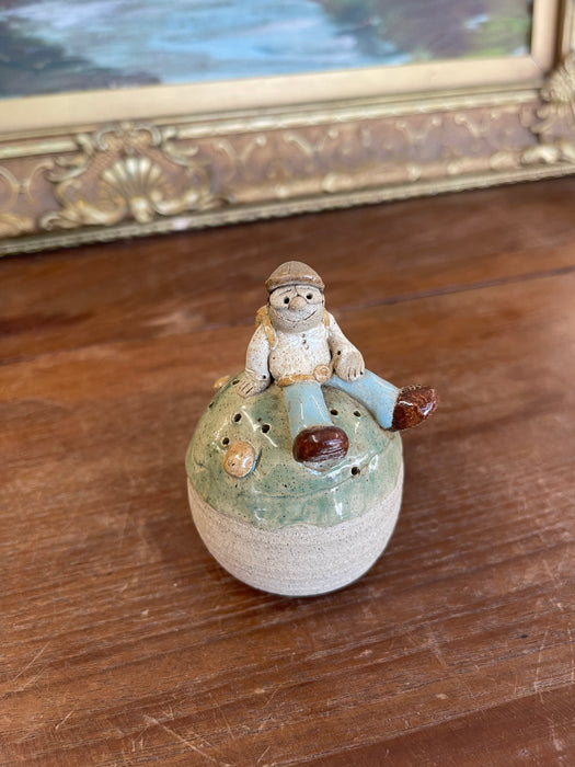 Handmade Studio Pottery Incense Holder with Seated Figure Sculpture, Signed
1976