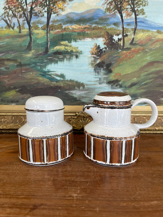 Vintage Mid-Century Modern Midwinter Pottery Creamer and Lidded Sugar Bowl Set, Hand-Painted in England