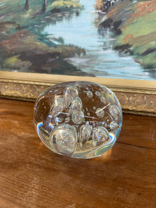 Vintage Mid-Century Modern Clear Glass Paperweight with Controlled Bubbles
