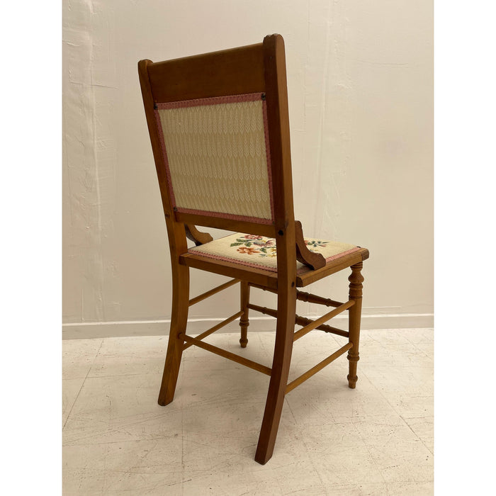 Victorian Style Vintage Floral Needlepoint Side Wood Chair with Turned Spindle Legs