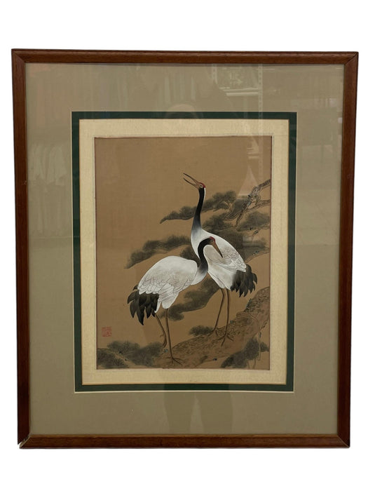 Framed Asian Crane Bird Artwork with Red Seal, Double-Matted Wood Frame, Vintage Decorative Wall Art