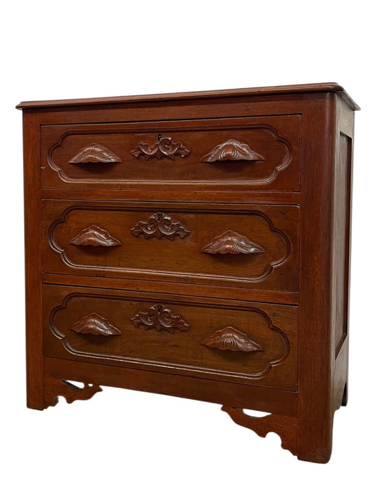 French Provincial Style Three-Drawer Chest with Carved Leaf Motifs and Dovetail Joinery