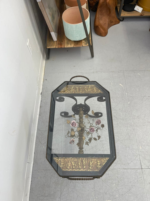 Vintage Wrought Iron Side Table With Ornate Detailing and Glass Top.